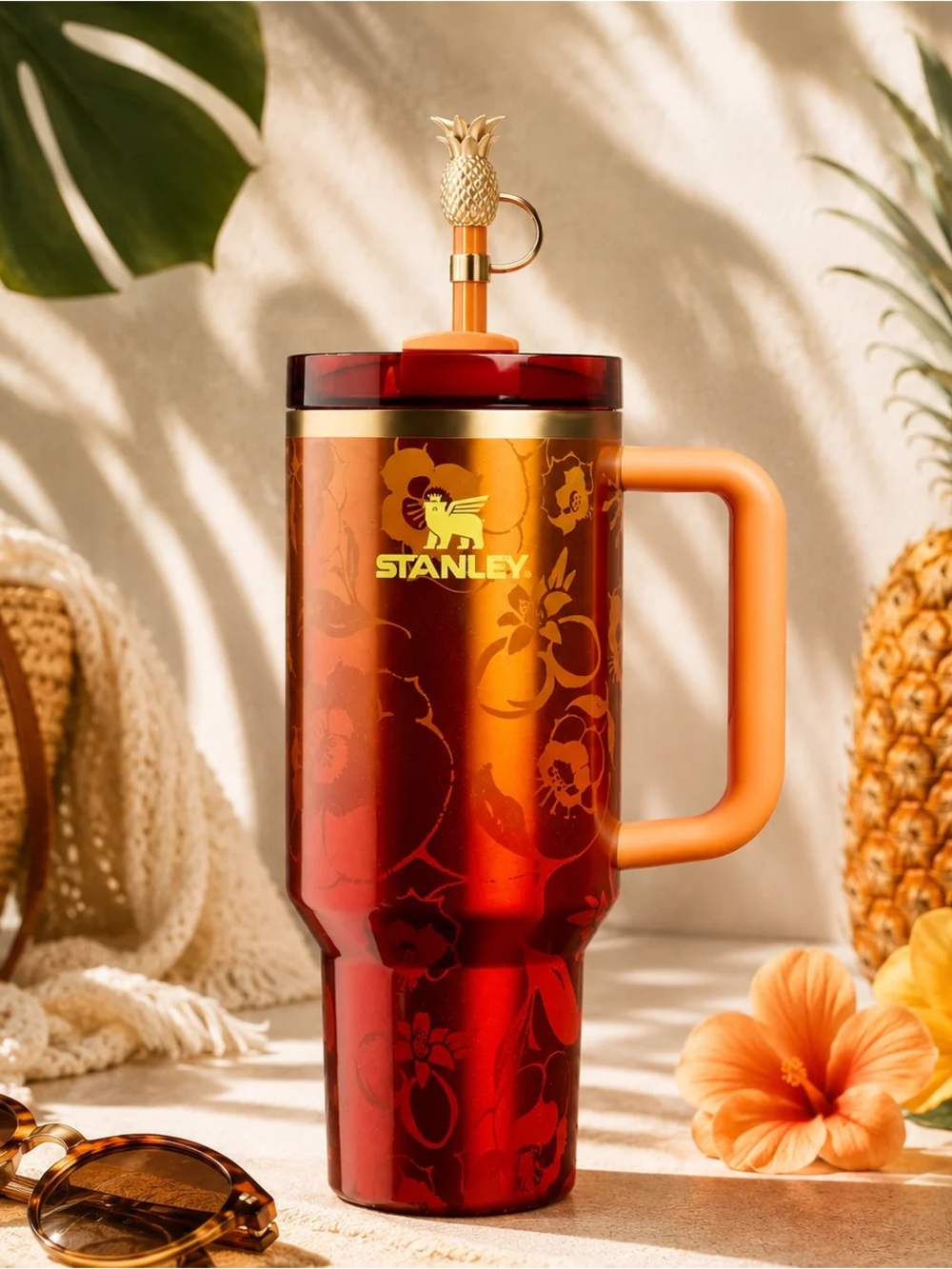 Karol G Stanley Quencher H2.0 Tumbler - Orange Handle Red Floral Body pineapple
